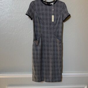 Max studio Plaid Midi Sheath Dress with Contrast leather Trim - Black & White